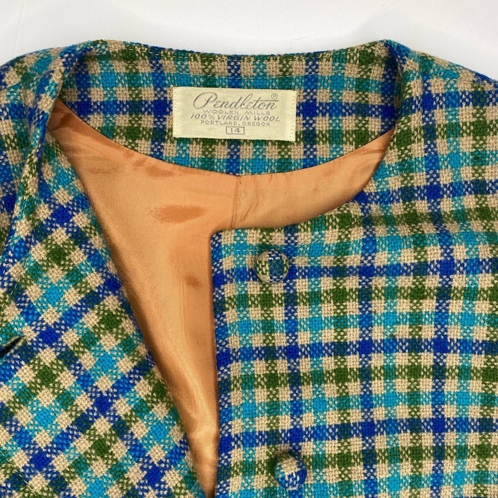 60’s Pendleton Wool Plaid 2Pc Coat Skirt Set Green, Blue, Beige Sz14 EUC - Picture 8 of 10